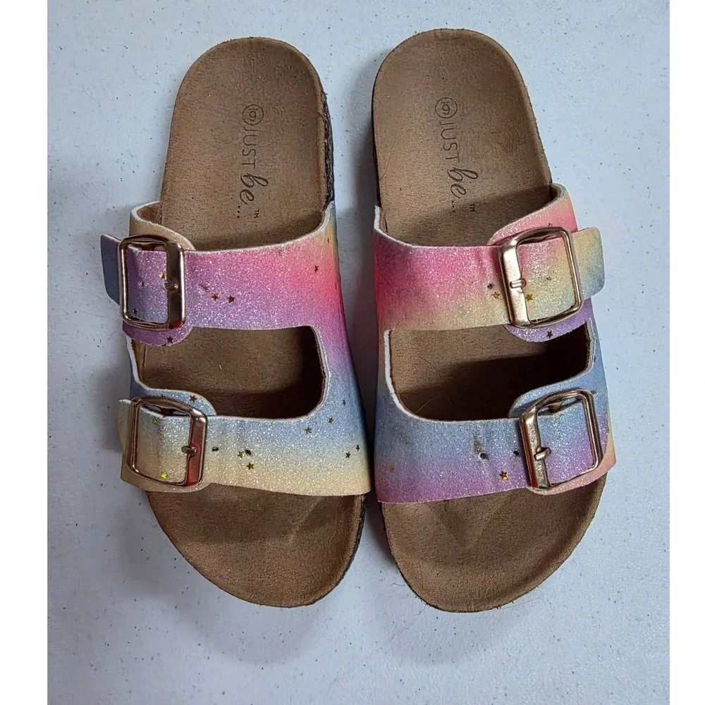 Just Be Rainbow Glitter Star Slides Sandals Size 6 Cork Footbed Buckle